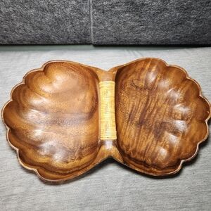 Vintage Philippines Monkey Pod Double Clam Shell Bowl, Woven Rattan Handle 14x9
